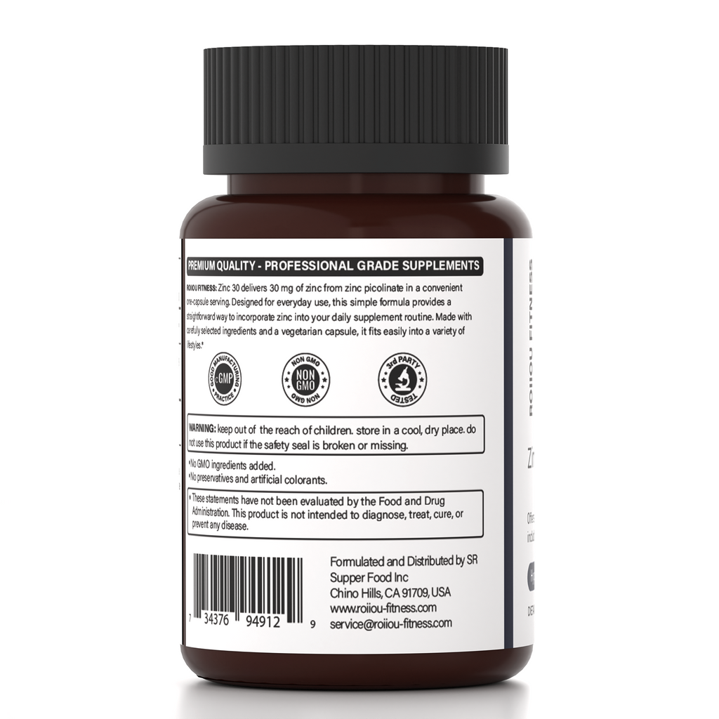 ROIIIOU FITNESS Zinc Picolinate 30mg Capsules, High Potency Zinc Supplement for Immune Support, Skin Health & Daily Wellness, Vegetarian Capsule Formula, 180 Capsules