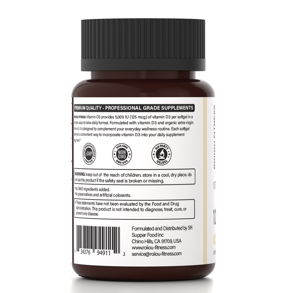 ROIIIOU FITNESS Vitamin D3 5000 IU Softgels, 125 mcg Vitamin D3 as Cholecalciferol, Daily Bone, Teeth, Muscle & Immune Support Supplement with Extra Virgin Olive Oil, 360 Softgels